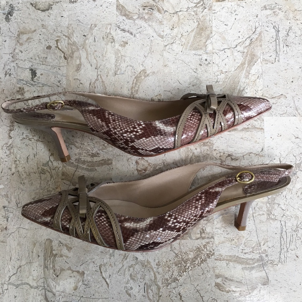 Snake Print Leather Kitten Heel Slingback Sandal
